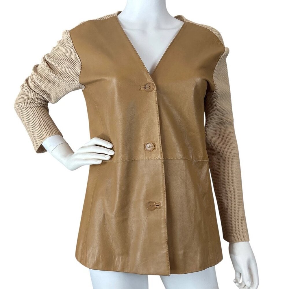 Gianfranco Ferre Italy Genuine Leather Knit Combo Jacket Tan Beige Size IT 42